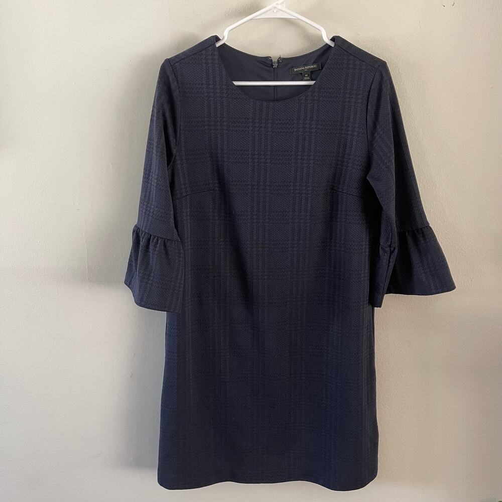 Banana Republic Navy Blue Black Plaid Shift Dress 3/4 Bell Sleeve Career Medium